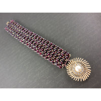 Handwoven Garnet Gemstone 5-Row Cuff Bracelet w/Faux Pearl and CZ Accents Gold-Plated Box Clasp