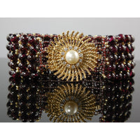 Handwoven Garnet Gemstone 5-Row Cuff Bracelet w/Faux Pearl and CZ Accents Gold-Plated Box Clasp