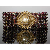 Handwoven Garnet Gemstone 5-Row Cuff Bracelet w/Faux Pearl and CZ Accents Gold-Plated Box Clasp