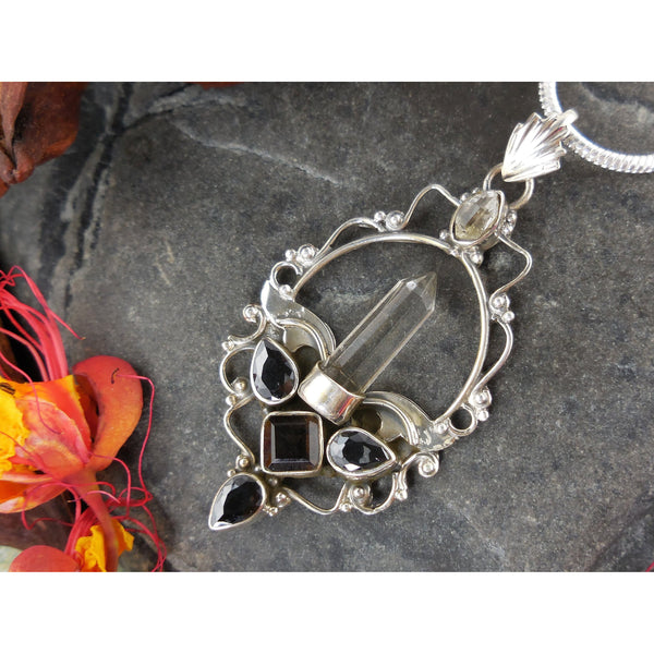 Smoky Topaz & Crystal & Herkimer Diamond (Quartz) Sterling Silver Pendant/Necklace