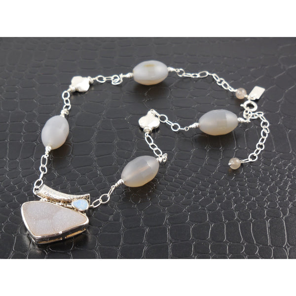 Sterling Silver Agate with Drusy Pendant Necklace