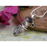Rutilated Quartz, Herkimer Diamond (Quartz) & Onyx .925 Pendant w/23" Stainless Steel Snake Chain Necklace