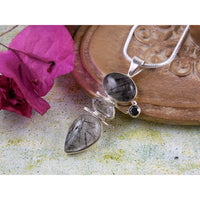 Rutilated Quartz, Herkimer Diamond (Quartz) & Onyx .925 Pendant w/23" Stainless Steel Snake Chain Necklace