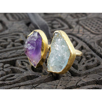 Amethyst & Aquamarine (Rough) .925 Vermeil Ring - Size 5.75