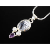Dendritic Opal, Amethyst, Freshwater Pearl .925 Pendant/Necklace