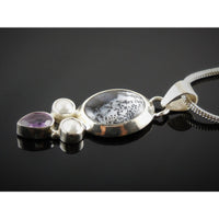 Dendritic Opal, Amethyst, Freshwater Pearl .925 Pendant/Necklace