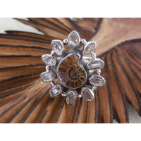 Ammonite & Herkimer Diamond (Quartz) Ring - Size 7