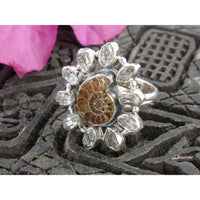 Ammonite & Herkimer Diamond (Quartz) Ring - Size 7