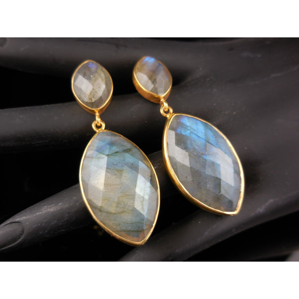 Faceted Labradorite Gemstone with Gold-Plated Sterling Silver Drop Post Earrings
