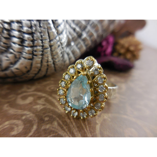 Blue Topaz & CZ Sterling Silver and Brass Ring - Size 6.75
