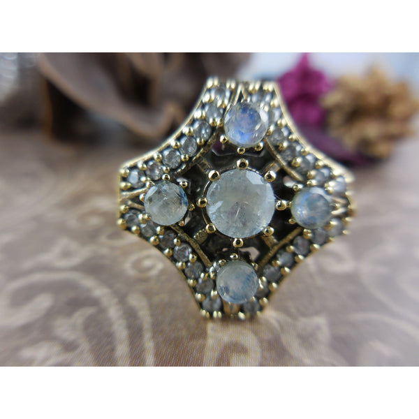 Moonstone and CZ Sterling Silver & Brass Ring - Size 6.75