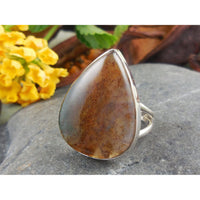 Brown Moss Agate Sterling Silver Ring - Size 7.0