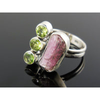 Tourmaline (Rough) and Peridot Sterling Silver Ring - Size 8.5
