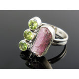 Tourmaline (Rough) and Peridot Sterling Silver Ring - Size 8.5