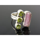 Tourmaline (Rough) and Peridot Sterling Silver Ring - Size 8.5