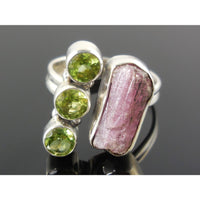 Tourmaline (Rough) and Peridot Sterling Silver Ring - Size 8.5