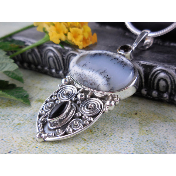 Dendritic Opal, Smoky Topaz, and Onyx .925 Pendant/Necklace