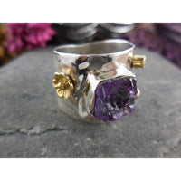 Natural Amethyst Rough Gemstone Sterling & Brass Ring - Size 8