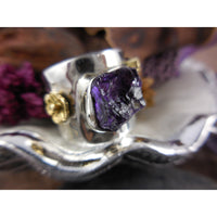 Natural Amethyst Rough Gemstone Sterling & Brass Ring - Size 8