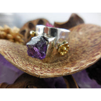 Natural Amethyst Rough Gemstone Sterling & Brass Ring - Size 8