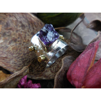 Natural Amethyst Rough Gemstone Sterling & Brass Ring - Size 8