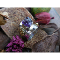 Natural Amethyst Rough Gemstone Sterling & Brass Ring - Size 8