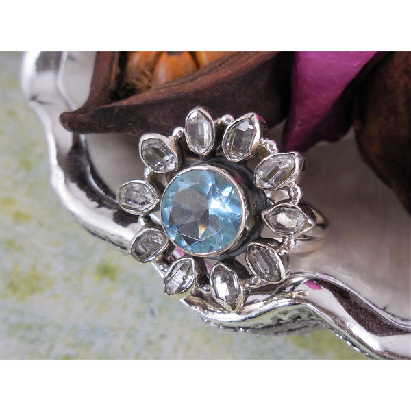 Blue Topaz & Herkimer Diamond Quartz Ring - Size 8.0