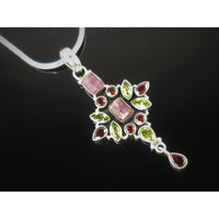 Tourmaline (Rough), Peridot, & Garnet Sterling Silver Cross Pendant/Necklace