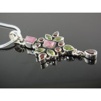 Tourmaline (Rough), Peridot, & Garnet Sterling Silver Cross Pendant/Necklace