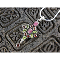 Tourmaline (Rough), Peridot, & Garnet Sterling Silver Cross Pendant/Necklace