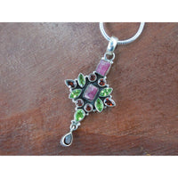 Tourmaline (Rough), Peridot, & Garnet Sterling Silver Cross Pendant/Necklace