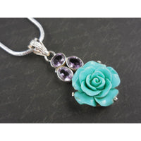 Amethyst Gemstone & Ceramic Floral Sterling Silver Necklace