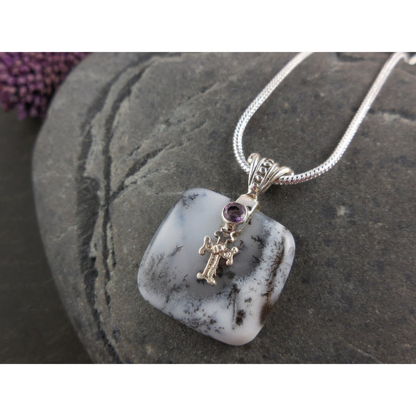 Dendritic Opal & Amethyst Gemstone Sterling Silver Cross Necklace
