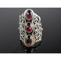 Garnet Cabochon 3-Stone Sterling Silver Ring - Size 7.0