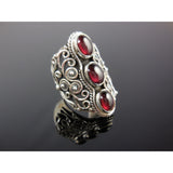 Garnet Cabochon 3-Stone Sterling Silver Ring - Size 7.0