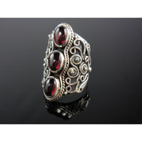 Garnet Cabochon 3-Stone Sterling Silver Ring - Size 7.0