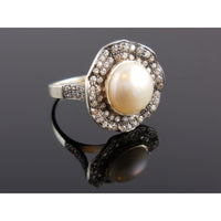 Pearl & CZ Sterling Silver Ring - Size 7.25