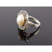 Pearl & CZ Sterling Silver Ring - Size 7.25