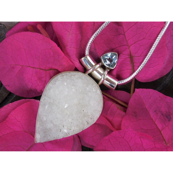 Blue Topaz & Agate Drusy Sterling Silver Pendant/Necklace