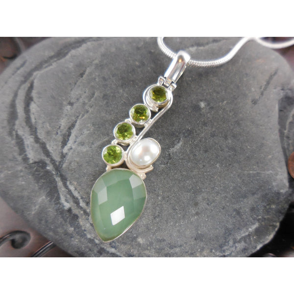 Prehnite, Peridot, and Pearl Sterling Silver Necklace