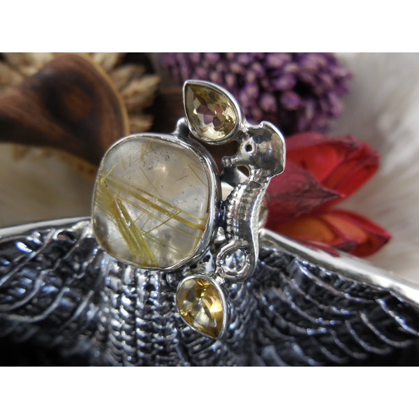Golden Rutilated and Citrine Seahorse Stering Silver Ring - Size 6.25