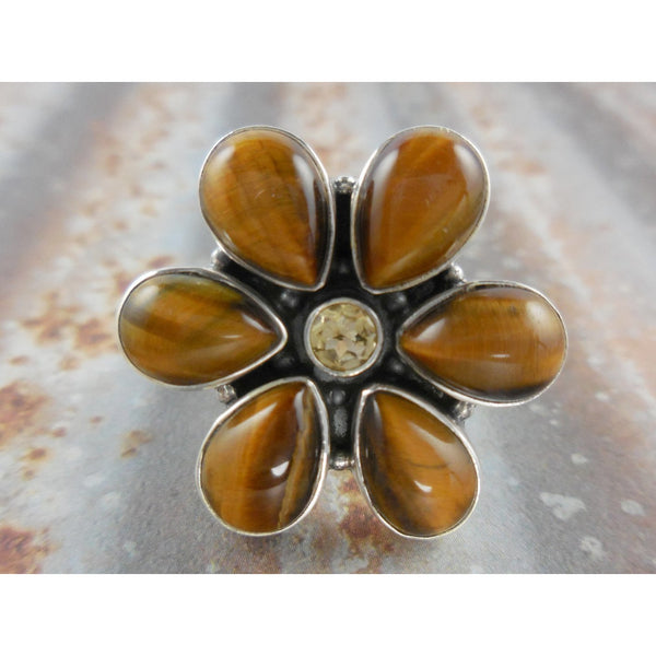 Tiger's Eye and Citrine Quartz Sterling Silver Ring - Size 7