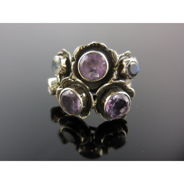 Amethyst Quartz and Moonstone Sterling Silver Ring - Size 6.5