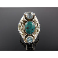 Turquoise & Bue Topaz Sterling Silver Ring - Size 8.5