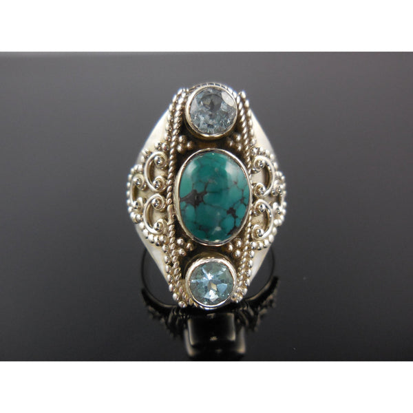 Turquoise & Bue Topaz Sterling Silver Ring - Size 8.5