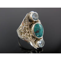 Turquoise & Bue Topaz Sterling Silver Ring - Size 8.5