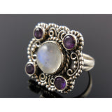 Moonstone  & Amethyst Cabochon Sterling Silver Ring - Size 6