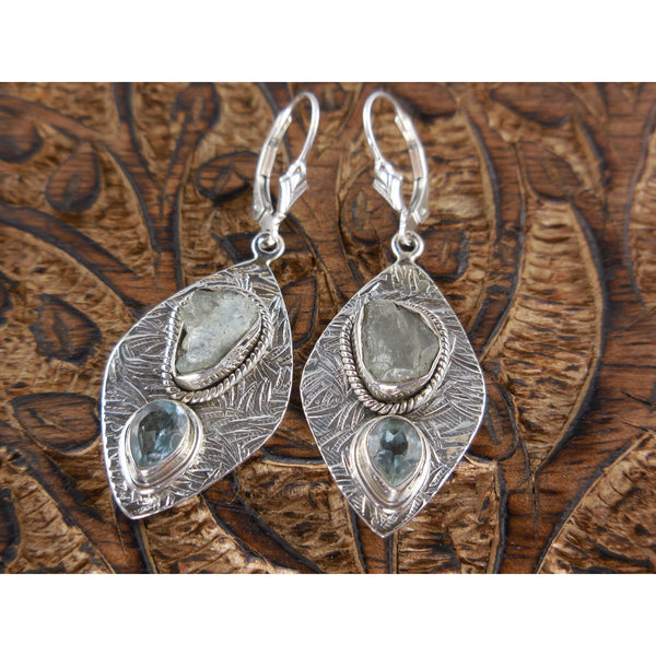 Aquamarine Rough and Blue Topaz Sterling Silver Earrings