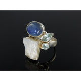 Kyanite, Moonstone Rough, and Blue Topaz Sterling Silver Ring - Size 7.25