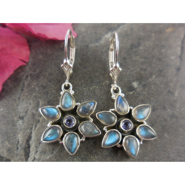 Labradorite & Amethyst Sterling Silver Star Flower Earrings